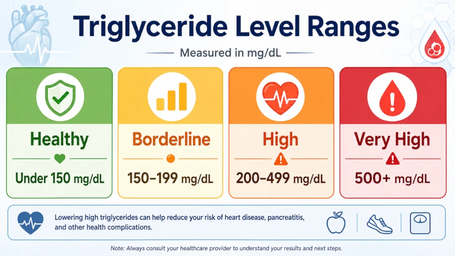 Triglyceride level ranges: healthy under 150, borderline 150–199, high 200–499, very high 500+ mg/dL.