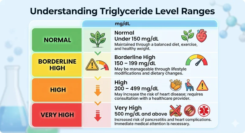 Chart showing triglyceride level ranges: normal under 150, borderline 150–199, high 200–499, very high 500 and above.