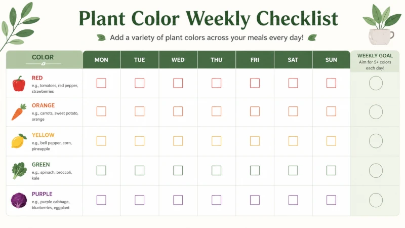 Simple weekly checklist for adding different plant colors across meals.