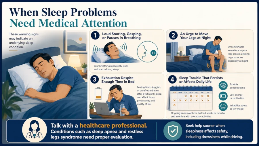 Checklist of warning signs including loud snoring with gasping, restless legs at night, persistent sleep trouble, and daytime exhaustion despite adequate sleep.
