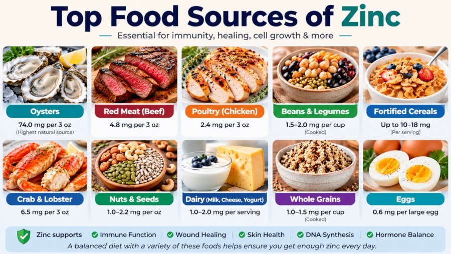 Chart of food sources rich in zinc, including oysters, red meat, poultry, beans, and fortified cereals