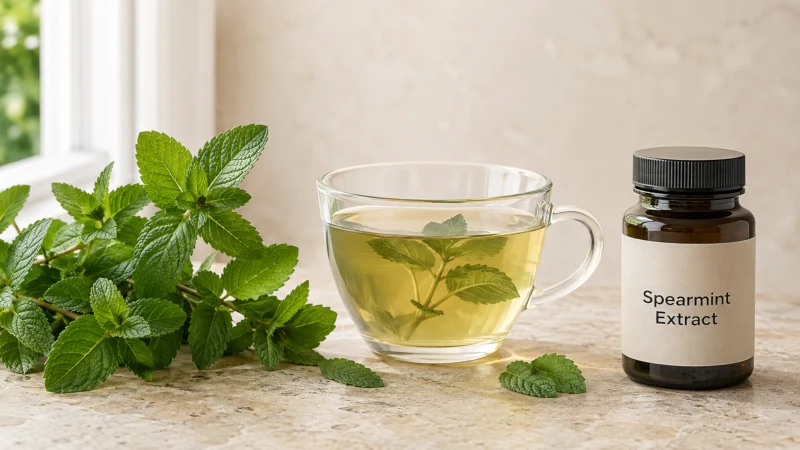 Fresh spearmint leaves beside a cup of spearmint tea and a clearly labeled spearmint extract bottle