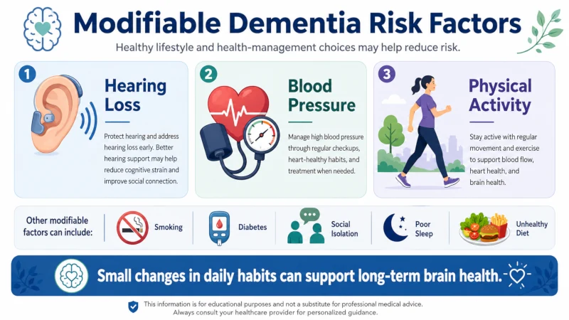 Infographic of modifiable dementia risk factors including hearing loss, blood pressure, and physical activity.