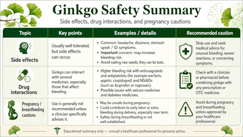 Table summarizing ginkgo side effects, drug interactions, and pregnancy cautions.