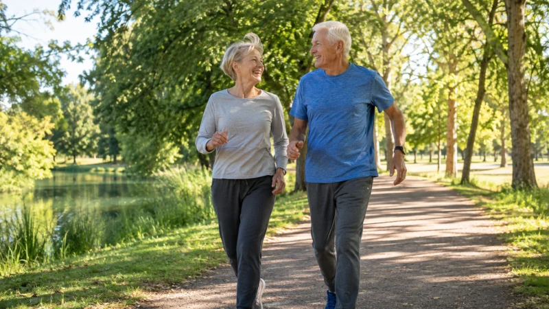 Active older adults exercising outdoors to support healthy lung function