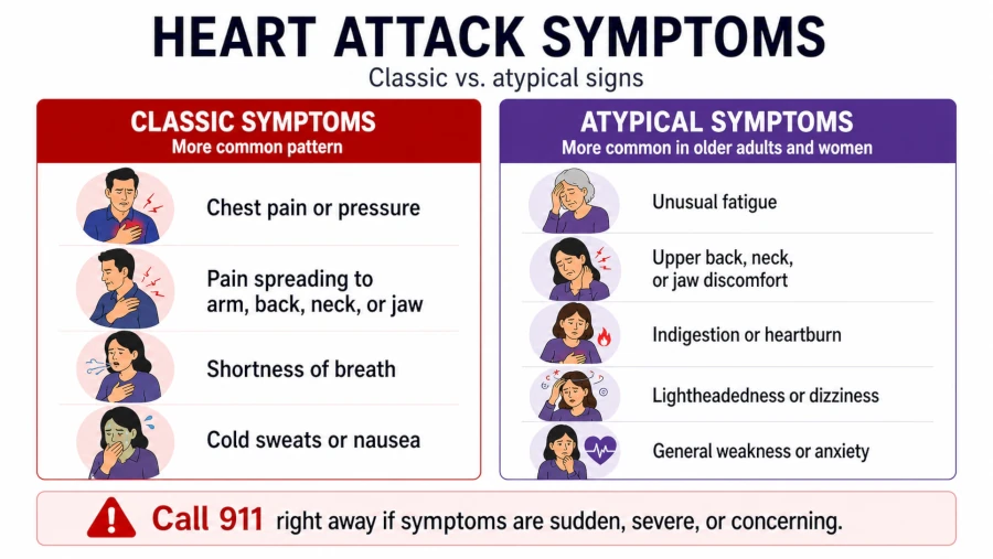 Comparison of classic heart attack symptoms and atypical symptoms common in older adults and women.