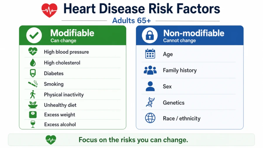 Chart separating modifiable heart disease in seniors risk factors from non-modifiable ones for adults over 65.