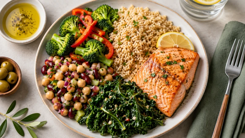 Heart-healthy plate with vegetables, whole grains, fish, legumes, and olive oil.