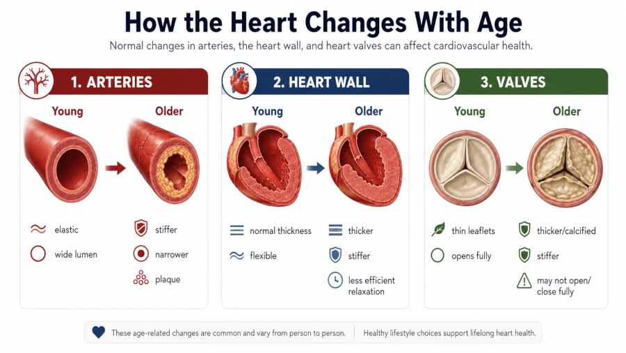 Diagram showing how arteries, heart wall, and valves change with age.