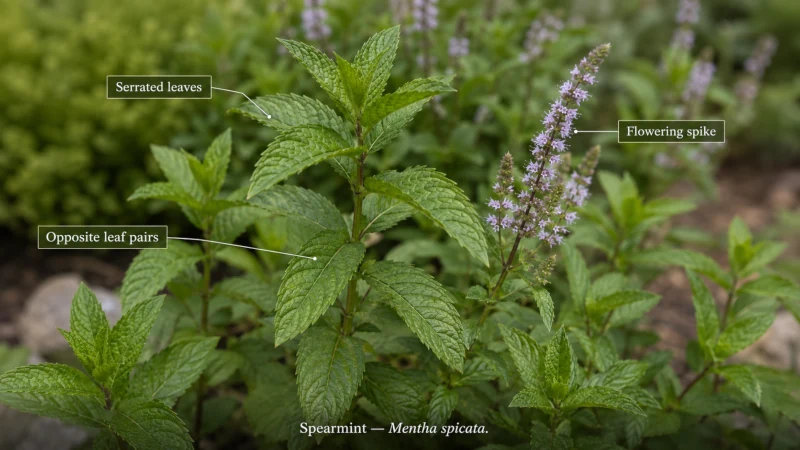 Fresh Mentha spicata spearmint plant showing green serrated leaves and flowering stems