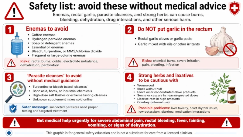 Safety list of enemas, rectal garlic, parasite cleanses, and strong herbs to avoid without medical advice
