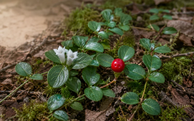 Partridge berry (Mitchella repens) trailing on a forest floor with paired white flowers and a red twin-dimpled berry.