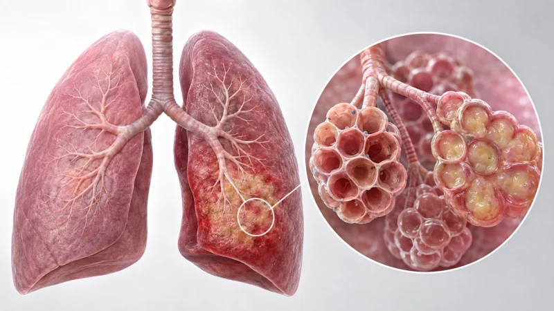 Medical illustration of pneumonia affecting the alveoli in the lungs