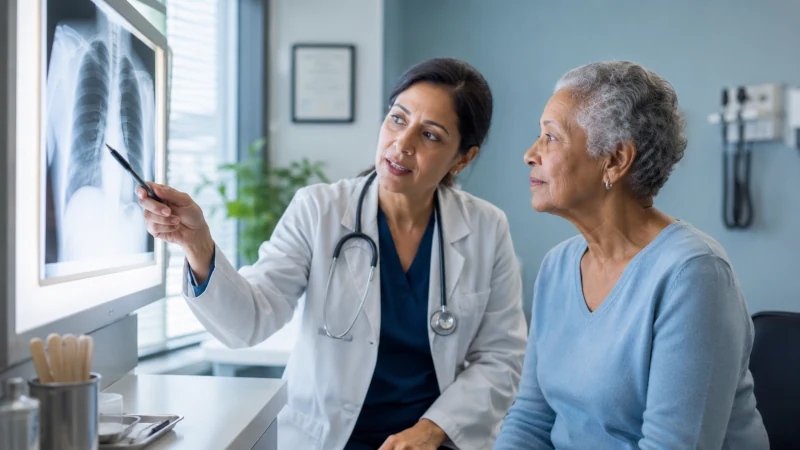 Senior woman discussing pneumonia symptoms with her doctor
