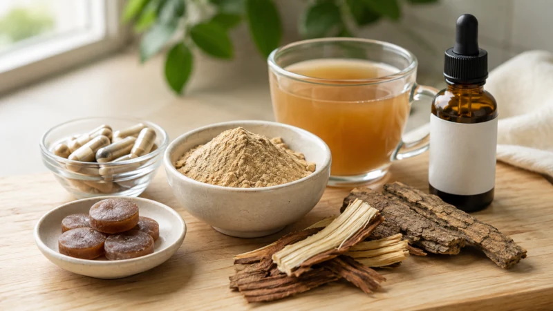 Slippery elm powder, capsules, lozenges, tea and liquid extract in unbranded forms