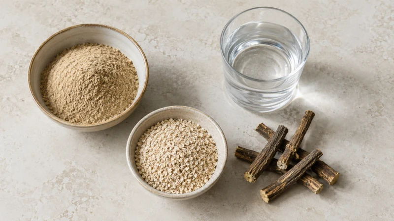 Slippery elm powder with oats, licorice root and water representing an herbal IBS formula