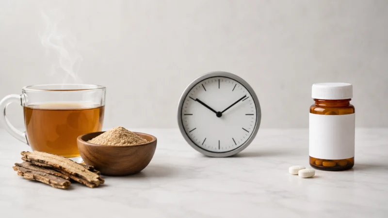 Slippery elm tea and oral medication separated by a clock to illustrate dose spacing