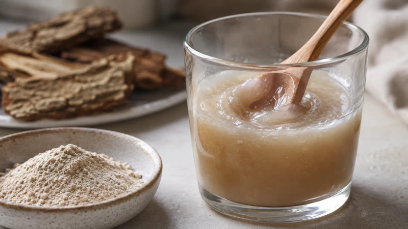 Slippery elm powder forming a thick mucilage gel when mixed with warm water