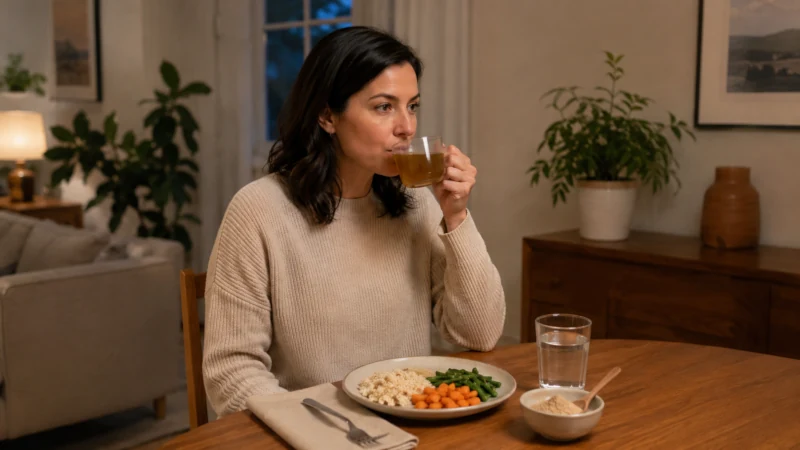 Person sitting upright and drinking warm herbal tea after a light meal