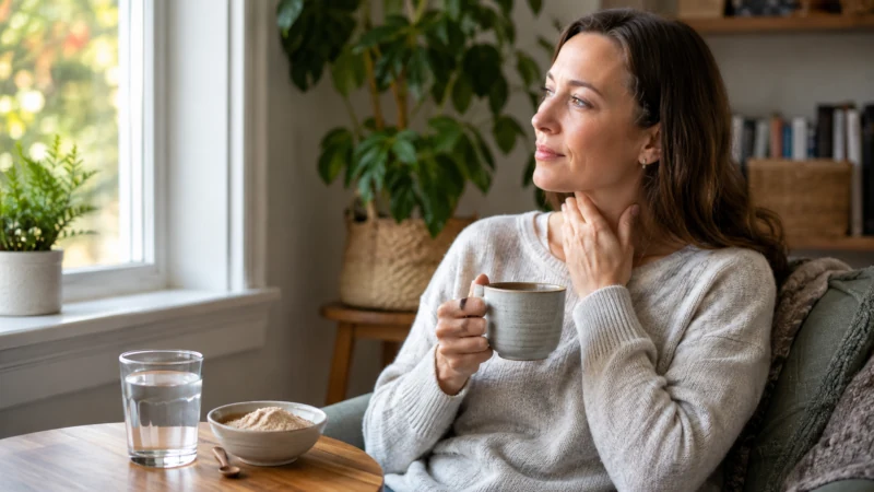 Warm slippery elm tea prepared for temporary relief of a dry, irritated throat