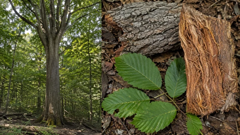 Slippery elm tree with a close view of its reddish-brown inner bark