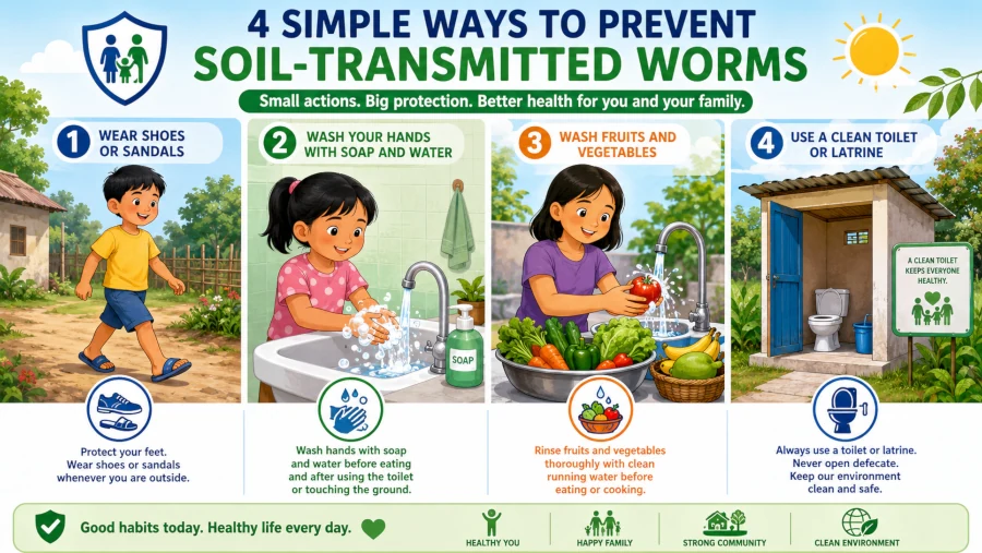 Illustration showing shoes, handwashing, clean produce, and sanitation to prevent soil-transmitted worms