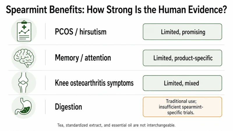 Evidence chart rating benefits of spearmint research for PCOS-related hirsutism, cognition, knee osteoarthritis, and digestion