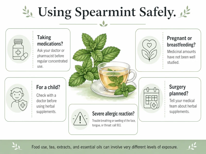 Spearmint safety infographic covering medications, pregnancy, children, surgery, and allergic reactions