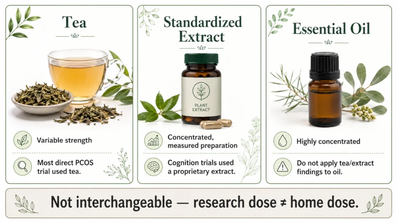 Comparison of spearmint tea, standardized extract, and essential oil showing that the forms are not interchangeable