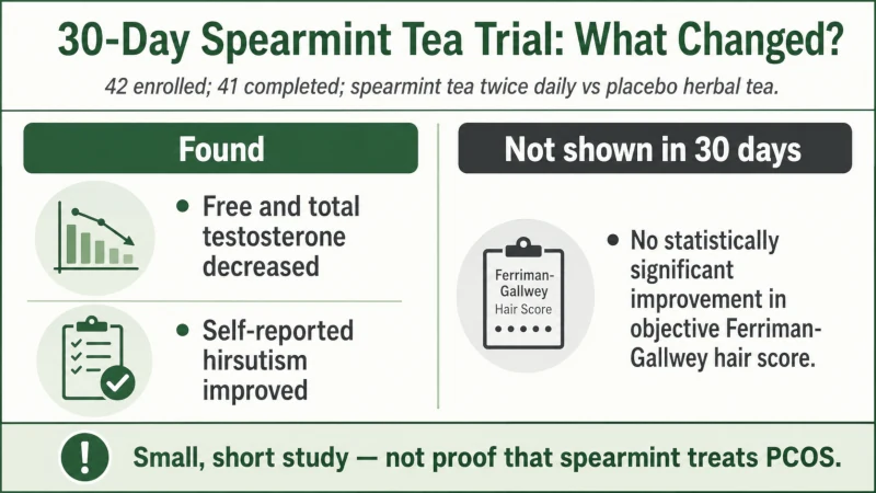 Infographic summarizing a 30-day spearmint tea trial in women with PCOS-related hirsutism