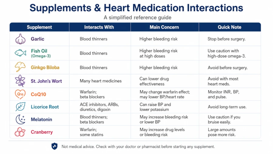 Table of common supplements and the heart medications they can interact with.