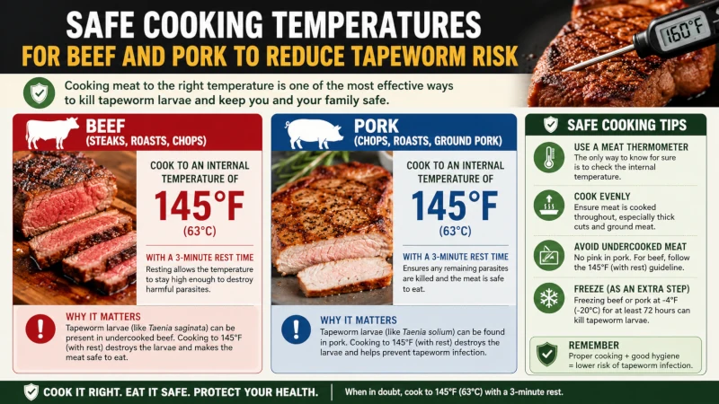 Safe cooking temperatures for beef and pork to reduce tapeworm risk