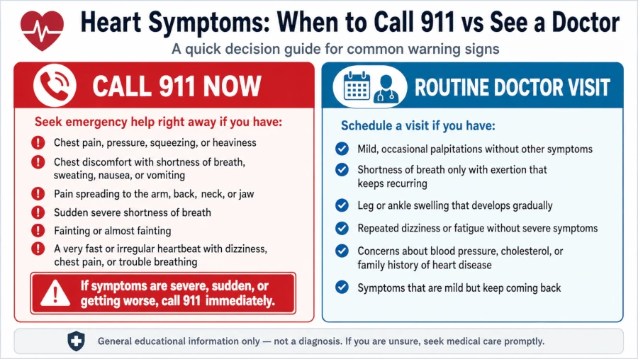 Decision card showing which heart symptoms need 911 versus a routine doctor visit.