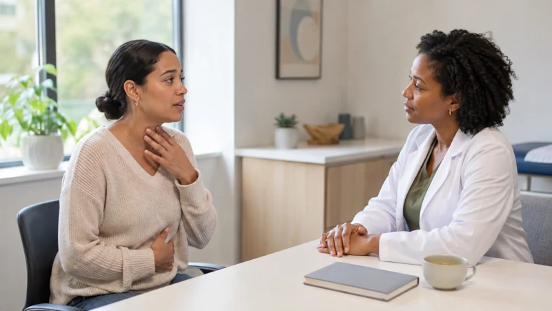 Patient discussing persistent throat or digestive symptoms with a healthcare professional