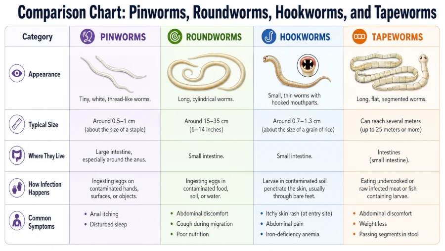 Comparison chart of pinworms, roundworms, hookworms, and tapeworms