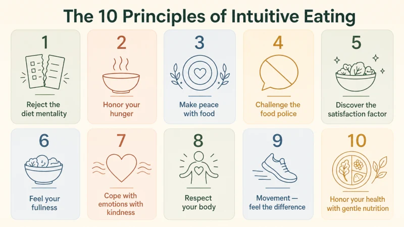 Visual guide to the ten principles of intuitive eating including hunger, satisfaction, body respect, movement, and gentle nutrition