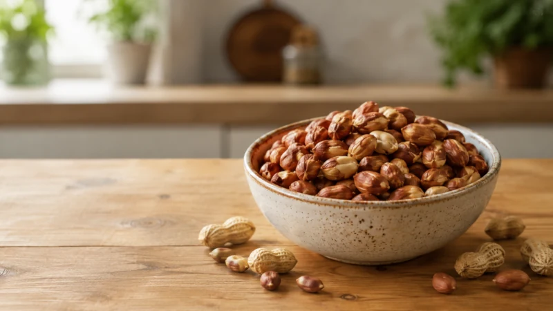 Bowl of skin-on peanuts representing the nutritional and health benefits of peanuts