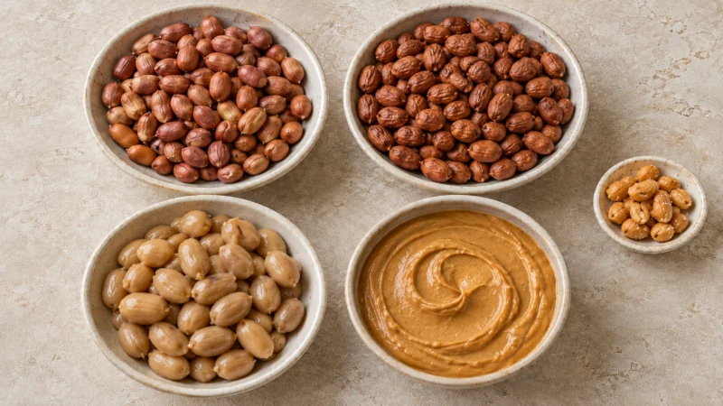 Different ways to eat peanuts including roasted peanuts and natural peanut butter