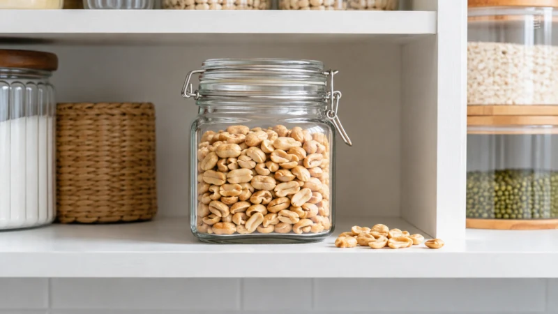 Peanuts stored in an airtight glass jar in a cool dry pantry