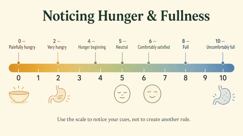 Hunger and fullness awareness scale showing sensations from very hungry through comfortable satisfaction to very full