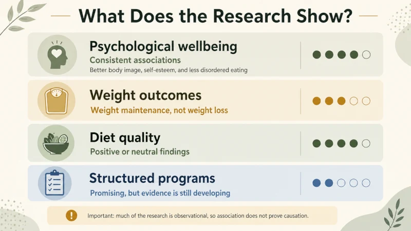 Evidence summary for intuitive eating showing stronger support for psychological wellbeing and diet quality than for long-term intervention outcomes