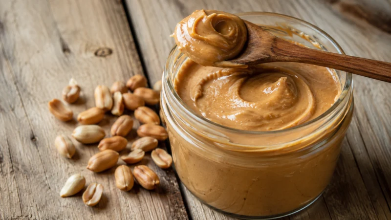 Natural peanut butter made from peanuts with roasted peanuts beside it
