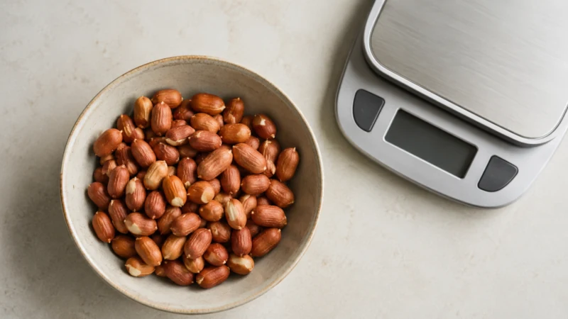 One-ounce serving of dry-roasted peanuts in a small bowl