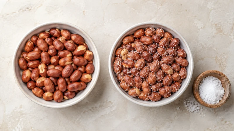 Salted and unsalted peanuts shown side by side for sodium comparison
