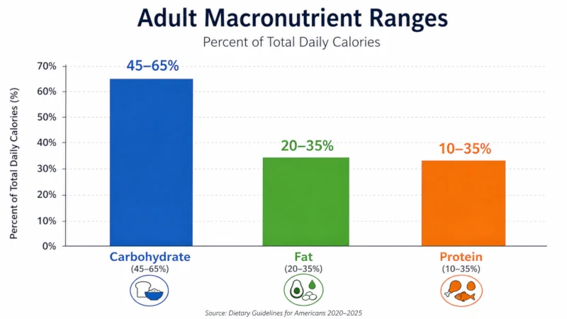 Bar chart showing adult macronutrient ranges of 45 to 65 percent carbohydrate, 20 to 35 percent fat, and 10 to 35 percent protein