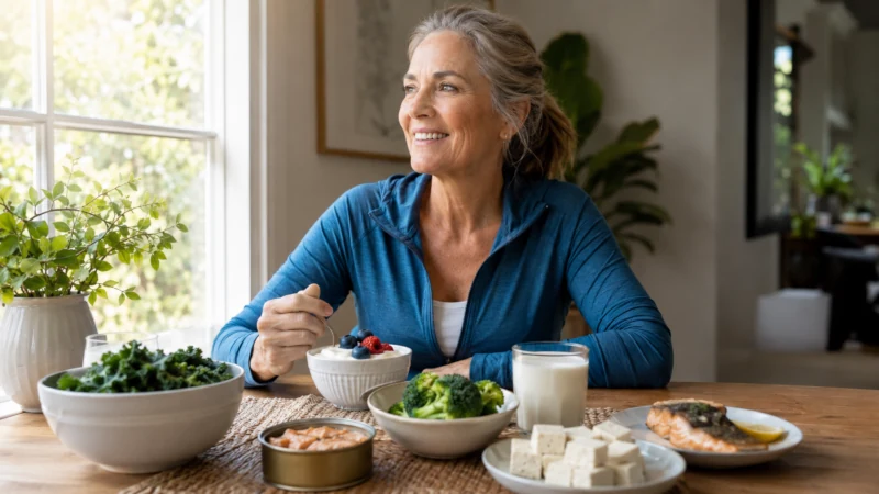 Woman in midlife enjoying calcium and vitamin D-rich foods including yogurt, salmon, tofu, and greens
