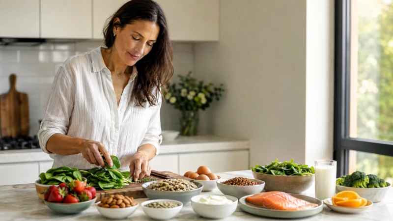 Woman preparing a nutrient-rich meal with vegetables, salmon, fruit, nuts, and whole grains