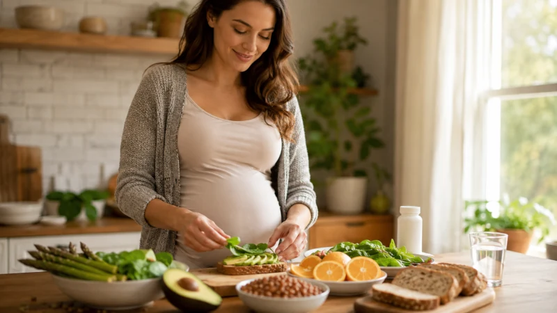 Pregnant woman preparing a meal with folate-rich leafy greens, beans, avocado, and citrus fruit