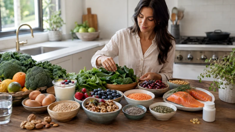Woman choosing nutrient-rich whole foods with a small vitamin bottle placed to the side