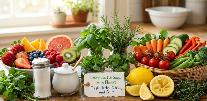 Salt shaker and sugar bowl next to fresh fruit, vegetables, herbs and lemon, illustrating ways to lower salt and sugar.